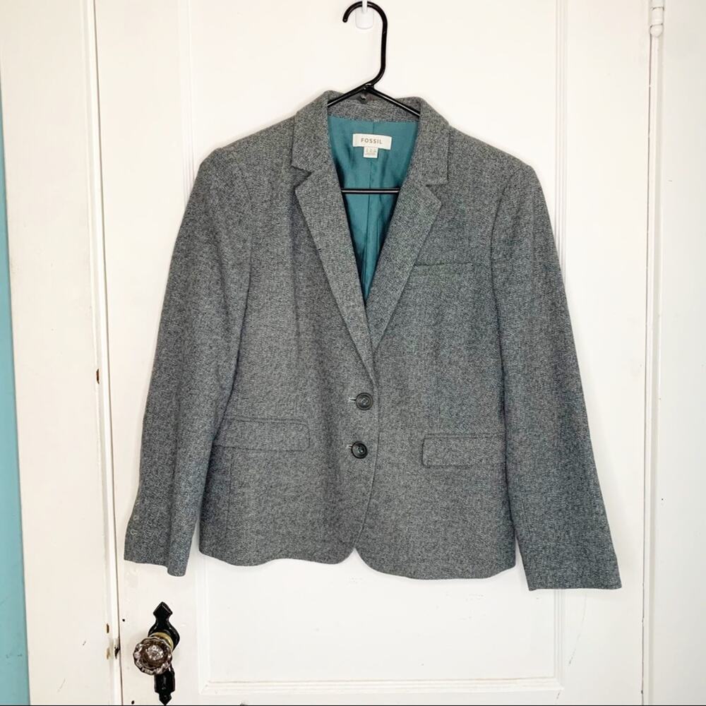 Fossil Wool Blend Tweed Blazer Classic Style Gray Blue Lining Size 8 Workwear